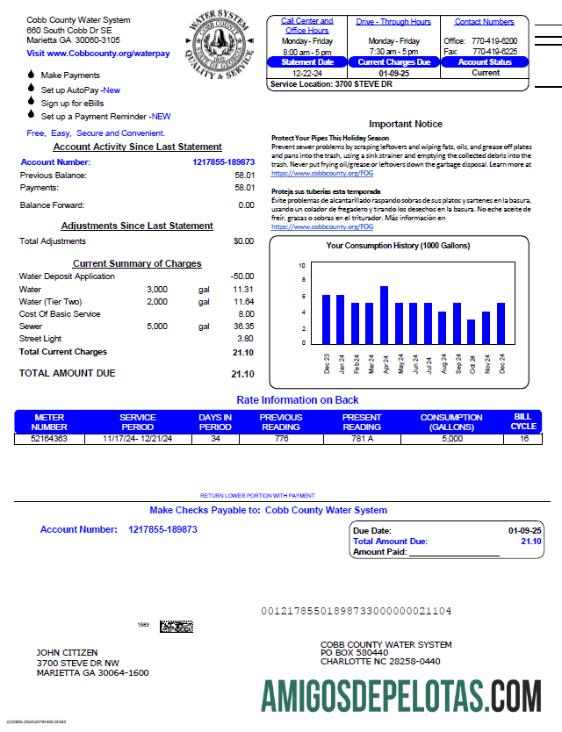 para download Modelo de conta de serviços públicos do sistema de água do condado de Cobb dos EUA em formatos Word e PDF, versão 3